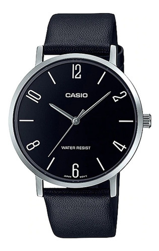 Reloj Casio Mtp-vt01l-1b2, Semiplano, Correa De Cuero Negro Color Del Bisel Plateado