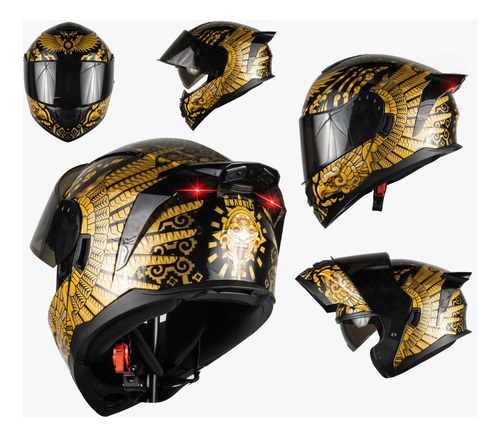 Casco Moto Abatible Kov Zero Guerrero Azteca Aguila + Luz 