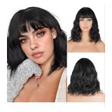 Pelucas Para Mujer Ondulada Corto Pelo Negra Cabello Natural