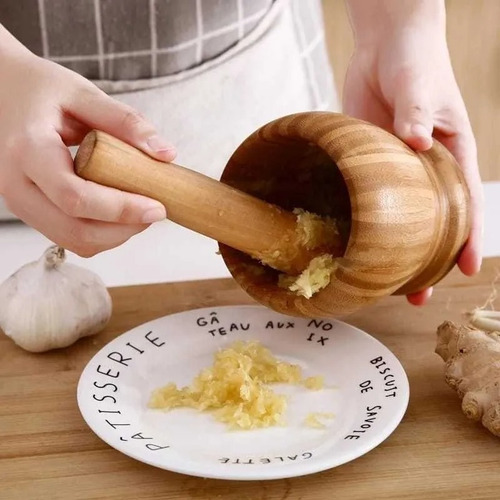 Pilão Socador Amassador De Alho Grande Em Bambu Natural