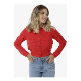 Jaqueta Cropped Leve Estilo Camisa Feminina Sob Vermelha