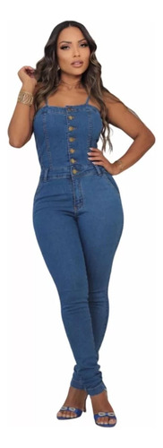 Jardineira/macacão Feminino Jeans Alça Com Lycra Luxo Botão