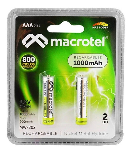 Pack 2 Pilas Recargables Aaa Macrotel 1000mha / Tecnocenter