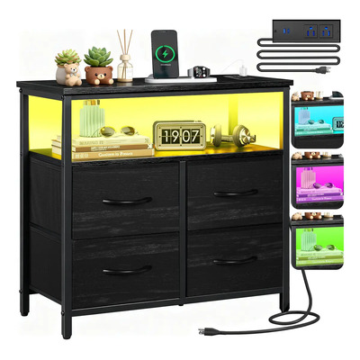 Furrific® Cómoda Cajonera Grande Con 4 Cajones Tocador De Tela Capacidad Cómodas Chifoniers Cajonera con1.5M Enchufes, Burós con RGB Led, Armario de Almacenamiento Tamaño 62*30*60CM | Envío gratis