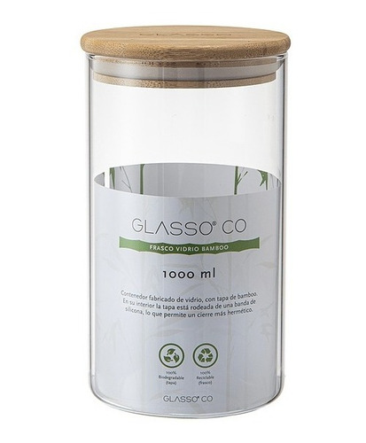 Frasco Contenedor Hermetico Eco Glasso Tapa Bamboo 1000ml