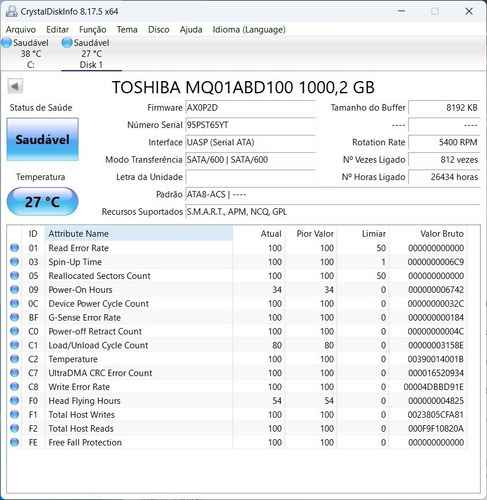 Hd 2,5`` Toshiba Mq01abd100 1tb Pouco Usado Em Perfeito Estado