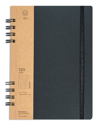 Cuaderno Negro Ecológico A5 (15x21) Anillado 120 H C/ Elást.