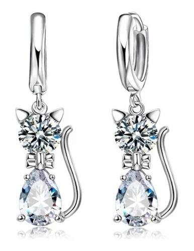 Pendientes Mujer Plata 925 De Gato Cristal Circón Regalo