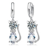 Pendientes Mujer Plata 925 De Gato Cristal Circón Regalo