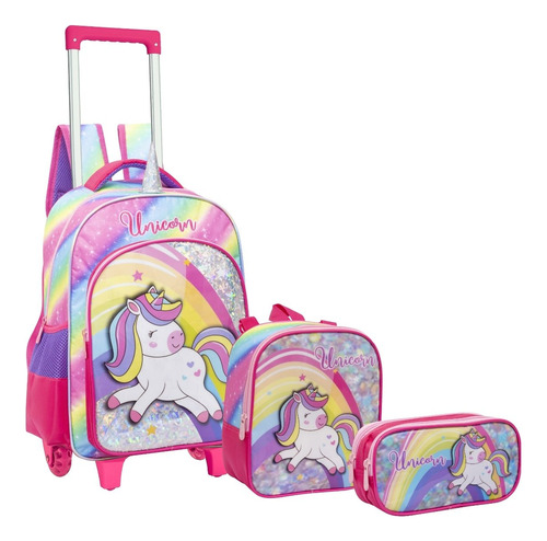 Kit Rodinha Escolar Infantil Menina Unicornio Arco Iris