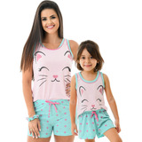Kit Pijama Feminino Mãe Filha Babydoll Confortável Verão Cat