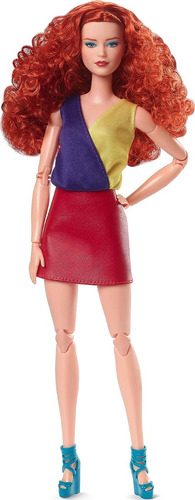 Muñeca Barbie Looks, Pelo Rojo Rizado, Traje De Bloques De C