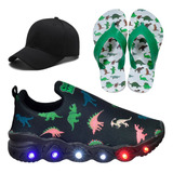 Tênis Infantil Com Led Masculino Dinossauro + Boné+ Chinelo 