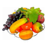 12 Frutas Artificiais Com Fruteira Em Aço Inoxidável 32cm