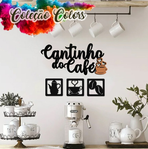 Placa Cantinho Do Café Mdf Kit 4 Peças Colorido Caramelo