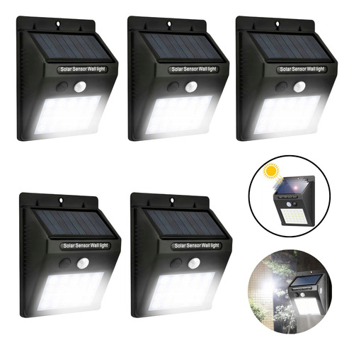 Kit 5 Luminária Solar Jardim Sensor Presença Prova D'agua 