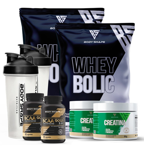 Kit 2x Whey 1kg + 2x Creatina + 2x Bcaa + 2x Coqueteleira