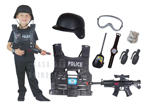 Kit Policial Completo Com Arma Capacete Colete E Acessórios