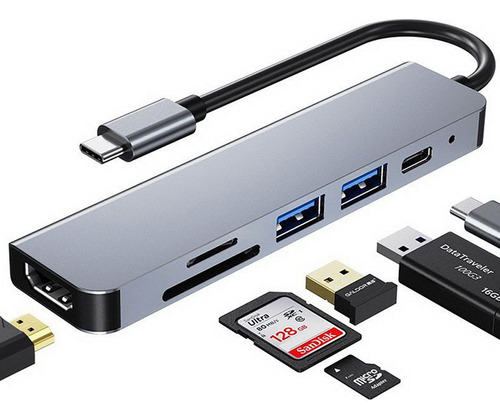 6 En 1 Usb Hub Adaptador Sd Pd Tipo C Hdmi 4k Para Mac iPad