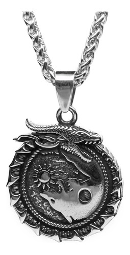 Collar Nórdico Dragón Y Lobo Vikingo Incluye Cadena Acero