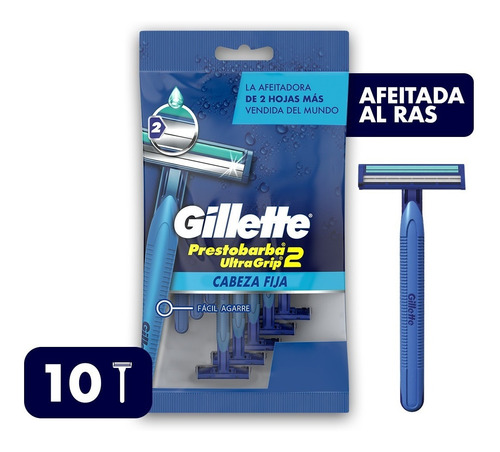 Máquina De Afeitar Gillette Prestobarba Ultragrip2, Desechable De 2 Hojas Y Banda Lubricante, 10 Unidades