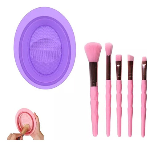 Kitx5 Brochas Para Maquillaje Rosa + Limpiador De Brochas