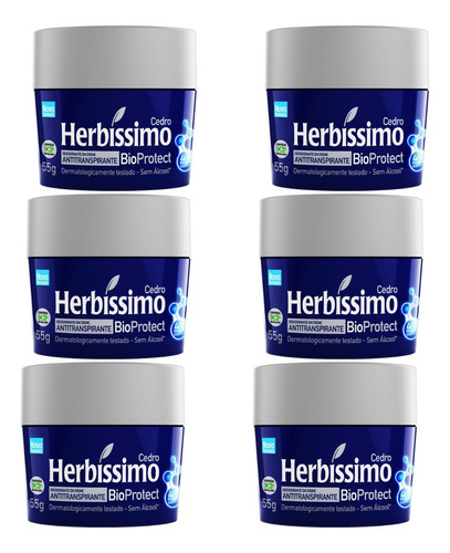 Kit 6 Desodorantes Herbíssimo Creme Bioprotect Cedro 55g