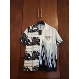 Camisa Tipo Hawaiana Lujo Moda, Fuego, Blanco, Negro, Hombre