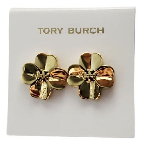 Aretes Tory Burch Trébol Con Logo Central Dorado