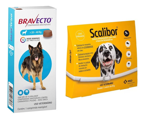 1 Bravecto Antipulgas 20 A 40kg + 1 Coleira Scalibor G 65cm