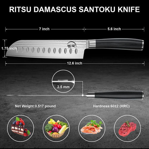 Ritsu Santoku Cuchillo - Cuchillo De Chef Japonés Damasco De