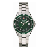 Reloj Swiss Alpine Military Nautilus Ladies 7740.1134sam Malla Plateado Bisel Verde Fondo Verde