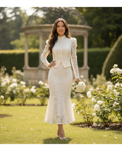 Conjunto Blanco Encaje Perlas Top Falda Sirena Elegancia