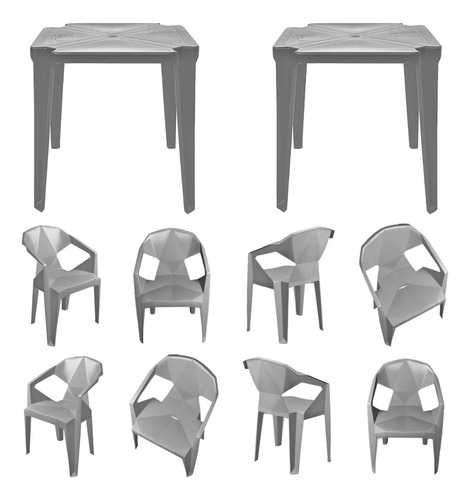Kit C/ 2 Mesas Plastico Quadrada 8 Poltrona Cadeiras Diamond