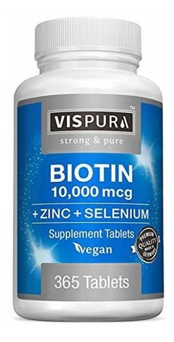 Biotina 10.000 Mcg 365 Tabletas Vispura Vegano Natural Sin