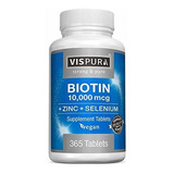 Biotina 10.000 Mcg 365 Tabletas Vispura Vegano Natural Sin