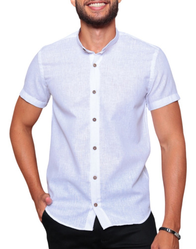 Camisa Social Masculina Modelo Linho Gola Padre Manga Curta