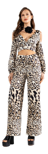 Calça Alfaiataria Acetinada Animal Print Wide Leg Bana Bana