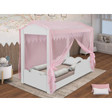 Cama Infantil Montessoriana Casinha Nuvem Com Voal Rosa Cor Branco Branco