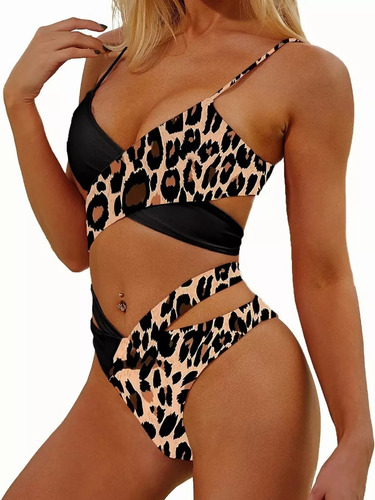 Bikini Clásico Sexy Con Estampado De Leopardo Liso