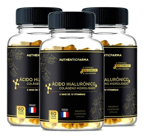 Kit 3 Colágeno Hidrolisado + Ácido Hialurônico E Vit C 180cp