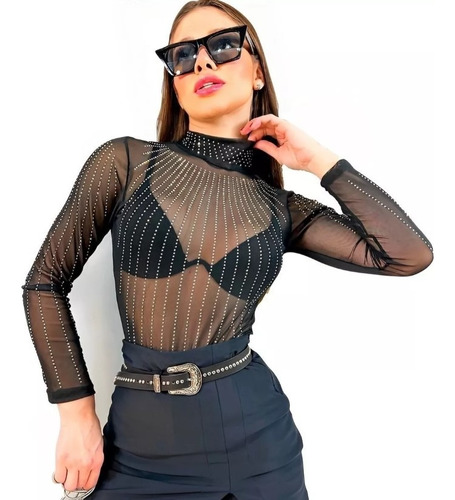 Body Feminino Balada Preto Manga Longa Strass Arrastão Sexy