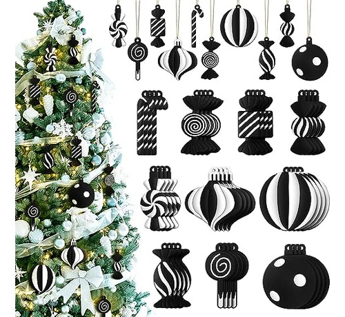 20 Pcs Black And White Christmas Tree Ornaments Pvc Xma...