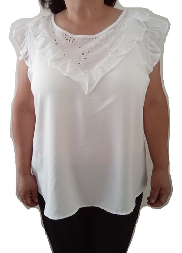 Blusa Mujer Con Broderie Sin Mangas C/volados Basica