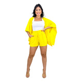 Conjunto Plus Size Amarelo Short + Kimono Tecido Viscolinho 