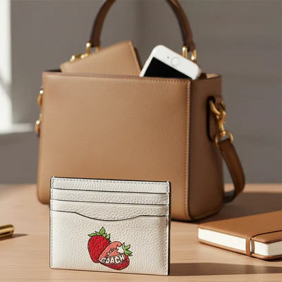Tarjetero Coach Porta Id Color Beige Diseño De La Tela Fresa | Meses sin interés