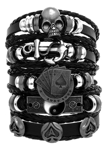 Pulseira Ajustável Poker Caveira Âncora Rock Motociclista