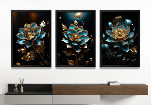 Quadros Decorativo Sala Quarto Flores Azul Douradas Ys 90x50