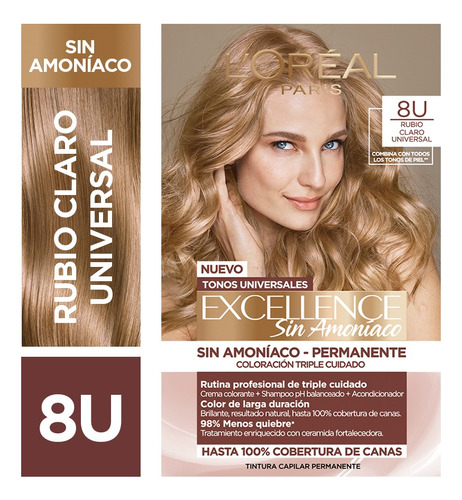 Coloración Permanente Excellence Sin Amoníaco L'oréal Paris Tono 8u Rubio Claro Universal