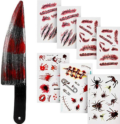 Cuchillo Halloween Con 7 Hojas Tatuaje Cicatriz Para Disfraz